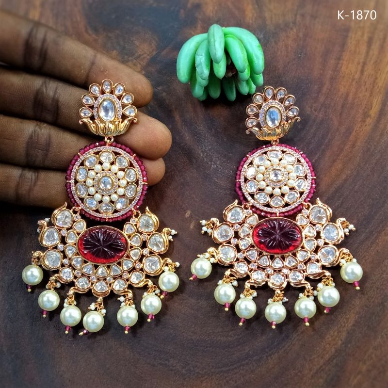 Golden And Red Designer Kundan Earrings