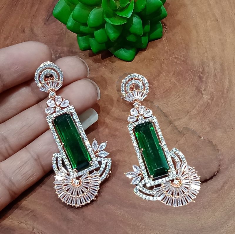 Hanging Green White American Diamond Earrings