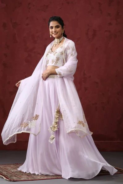 Lilac Hand Embroidered Woman Lehenga