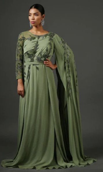 Olive Hand Embroidered Drape Woman Gown