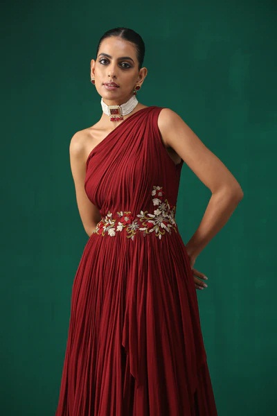 Maroon Hand Embroidered Layered Woman Dress Gown