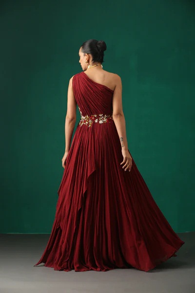 Maroon Hand Embroidered Layered Woman Dress Gown