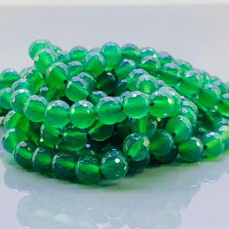 Natural Green Chalcedony Faceted Round Gemstone Beads Strand