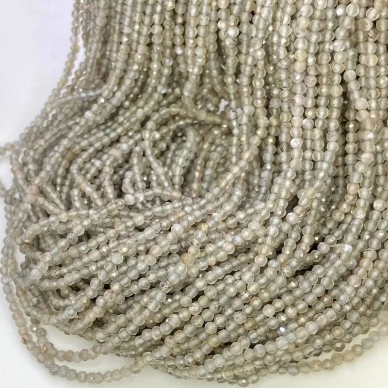 Natural Grey Moonstone Micro Faceted Round Gemstone Beads Strand