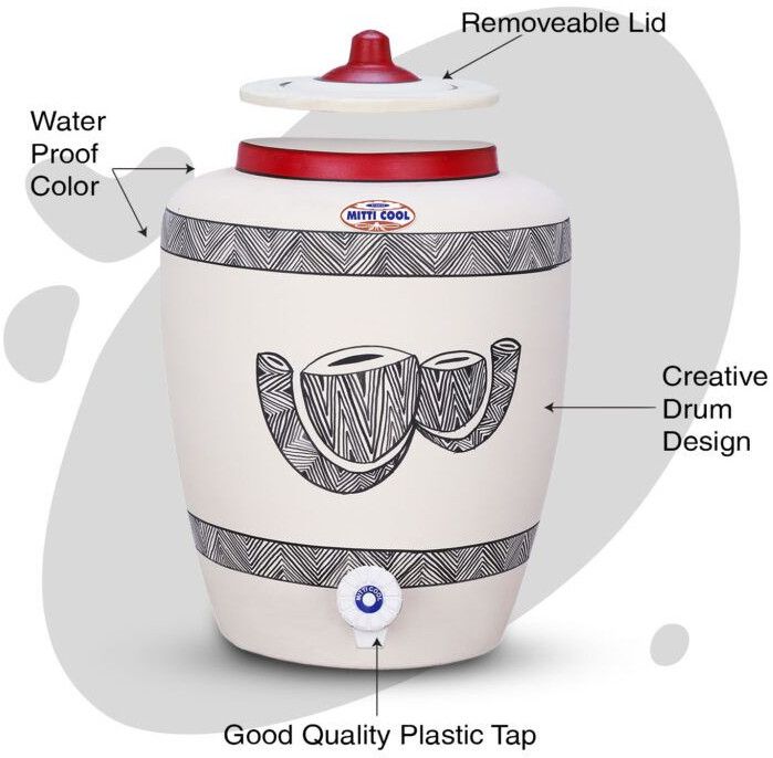 Clay Water Pot 13 Litre Drum Design