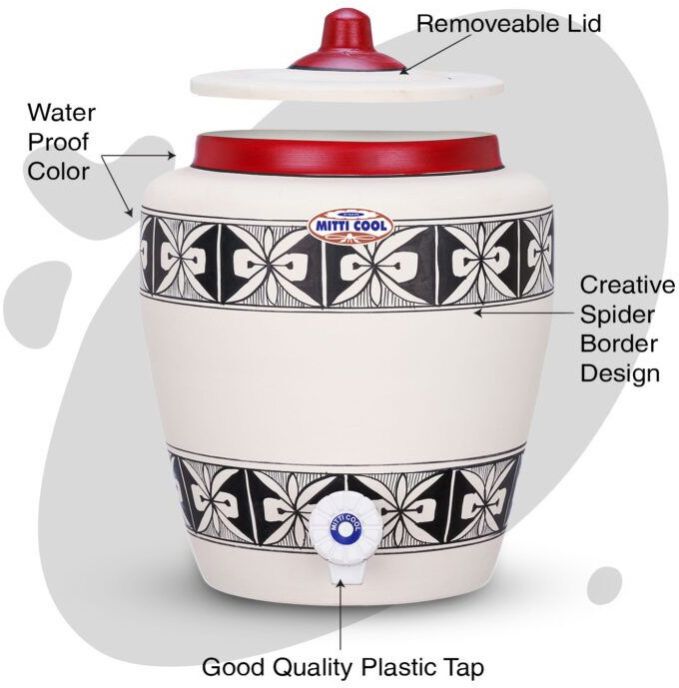 Clay Water Pot Spider Border Design  6.5 Litre