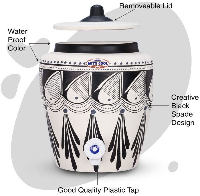 Earthen Clay Water Pot  Black Spade Design 6.5 Liter