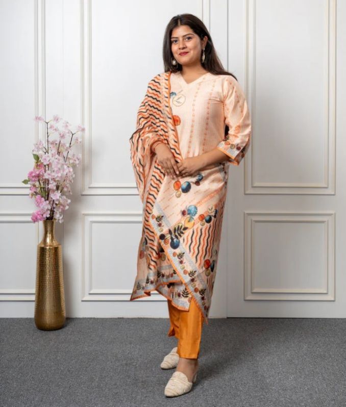 Womens Chanderi Kurta Pant And Dupatta Set