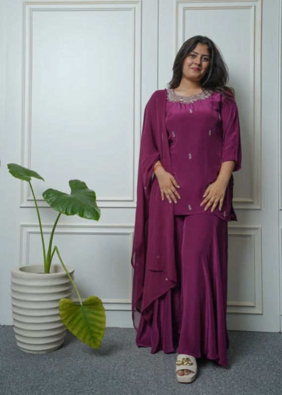 Womens Crepe Kurta Palazzo Dupatta Set