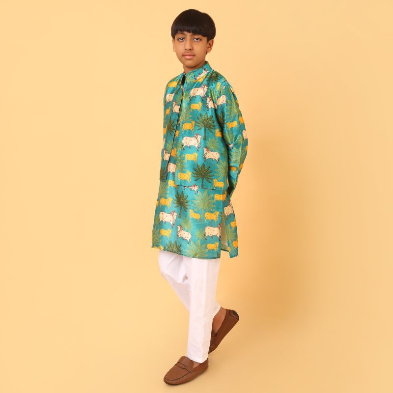 Boys Green Printed Kurta Pajama Set