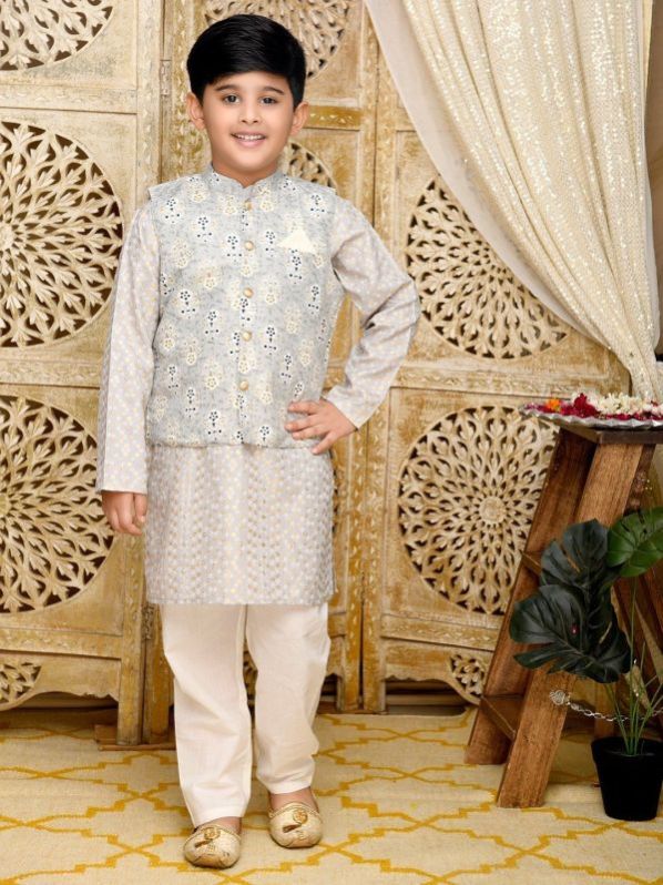 Boys Kurta Pajama With Checked Nehru Jacket Set