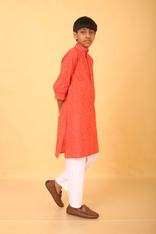 Boys Orange Cotton Kurta Pajama Set