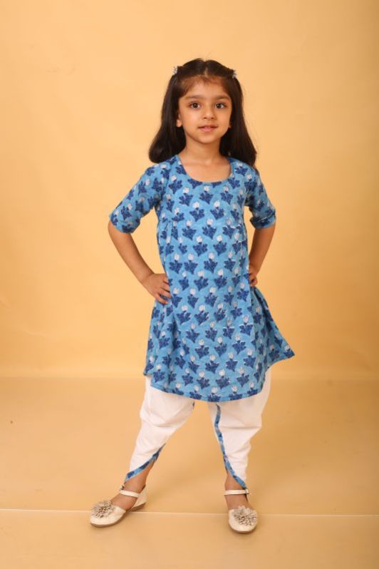 Girls Blue Peplum Kurta With Tulip Pant Set