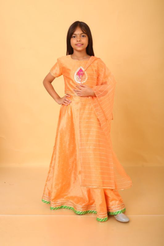 Girls Dot Print Orange Lehenga Choli Set