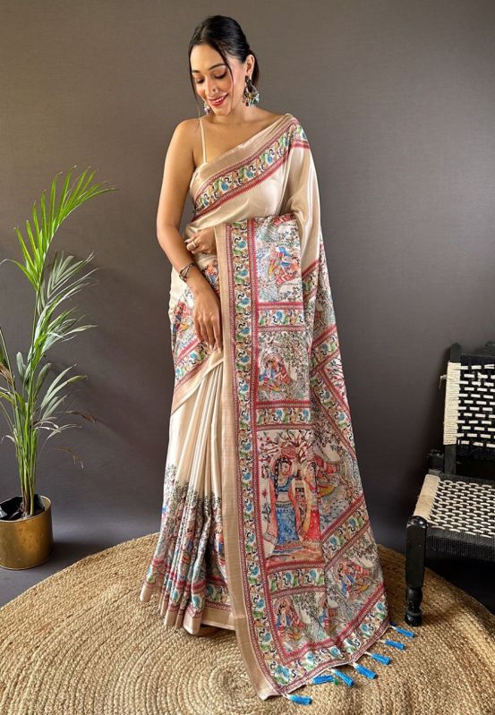 Tussar Silk Madhubani Printed Saree