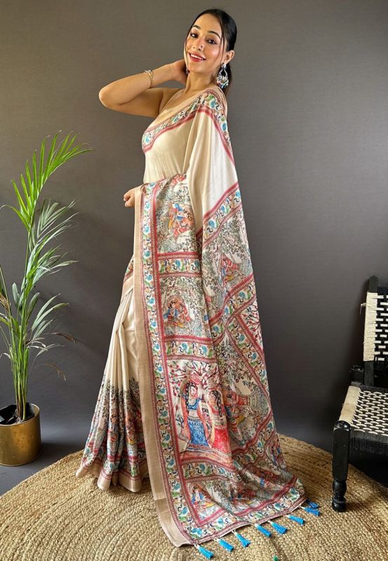 Tussar Silk Madhubani Printed Saree