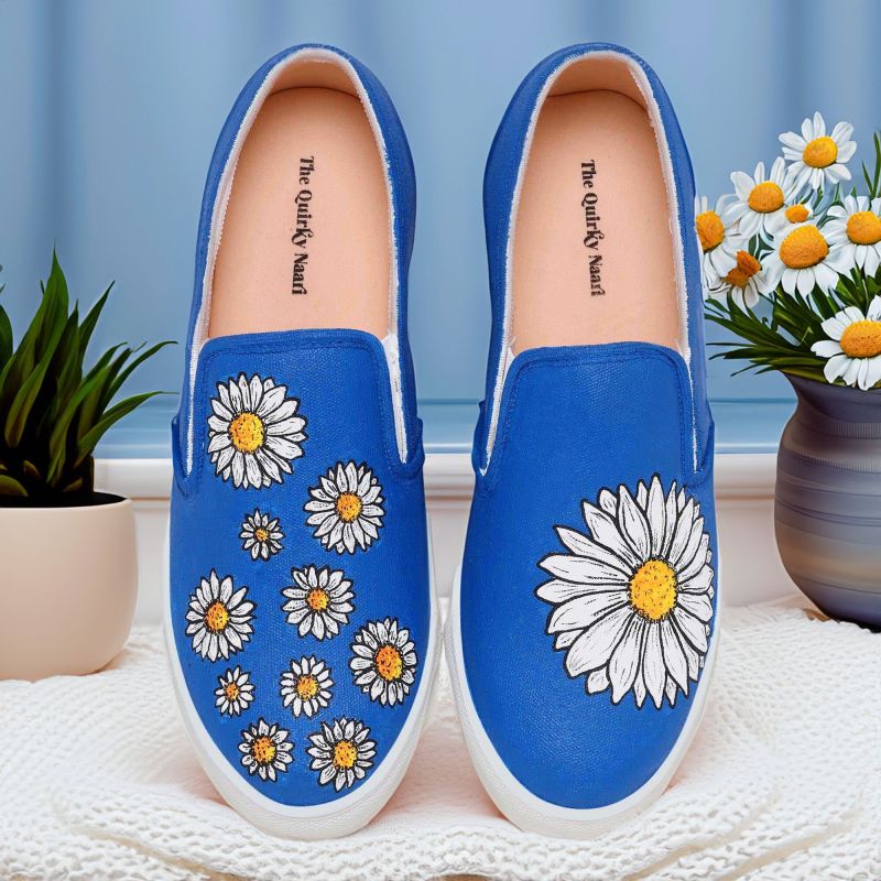 Blue Daisy Print Girls Slip On Shoes