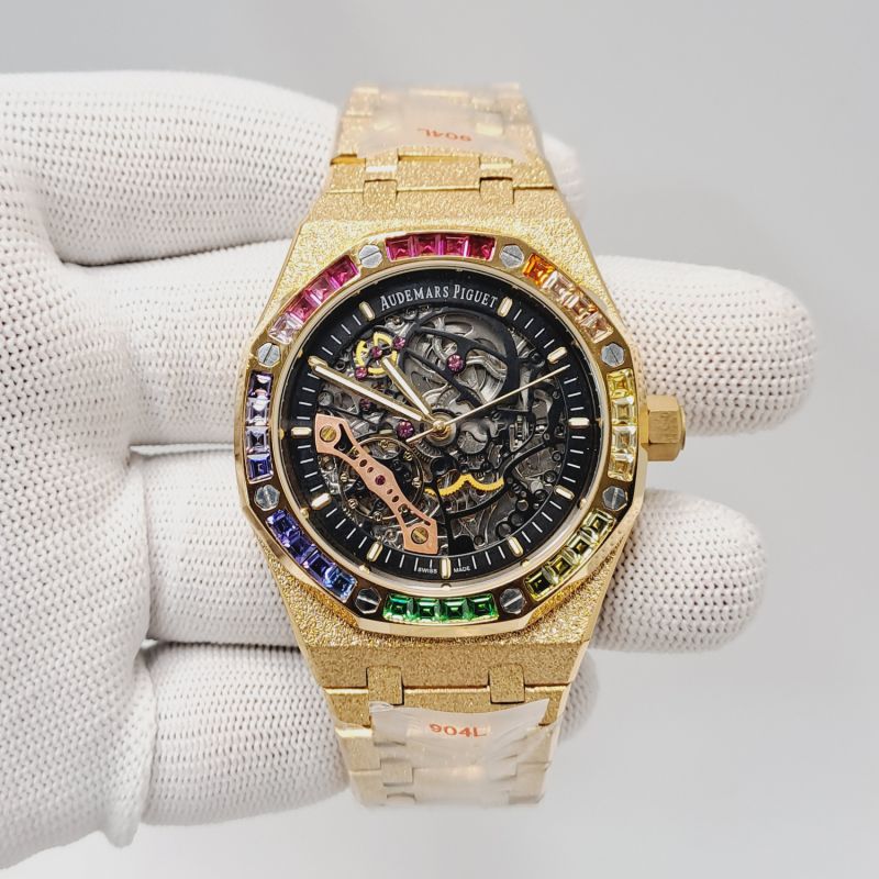 Royal Oak Full Golden Black Skeleton Dial Diamond Bezel Swiss Automatic Watch