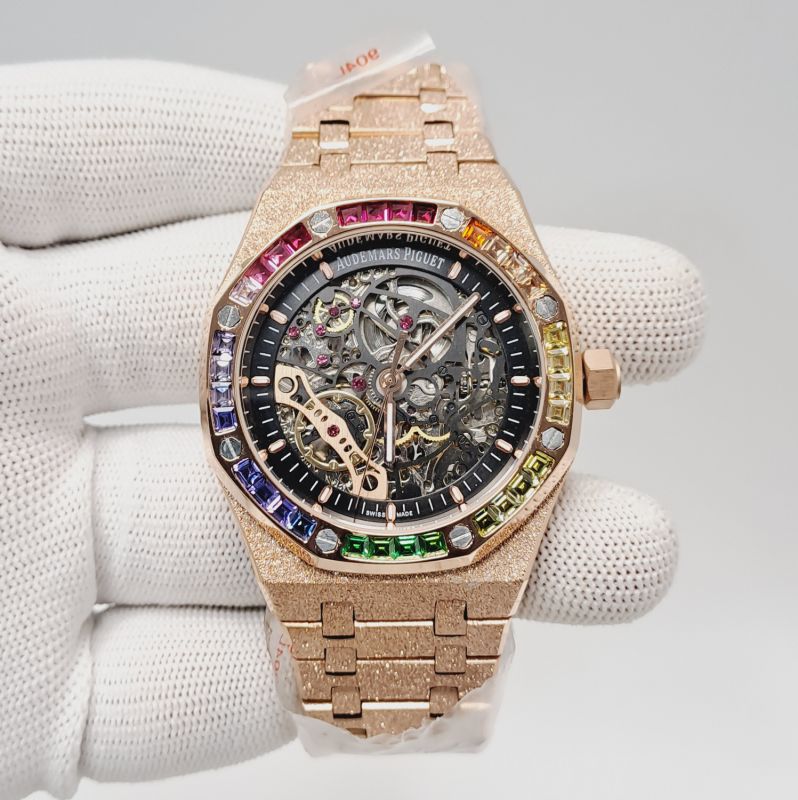 Audemars Piguet Royal Oak Full Rose Gold Black Skeleton Dial Dimond Bezel Swiss Automatic Watch