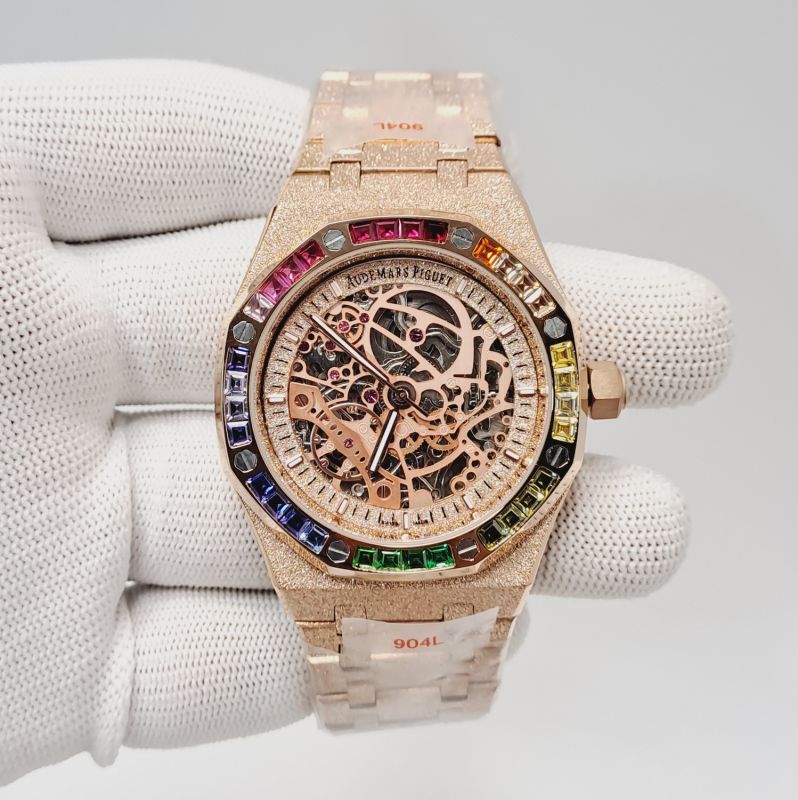 Audemars Piguet Royal Oak Full Rose Gold Skeleton Dial Dimond Bezel Swiss Automatic Watch