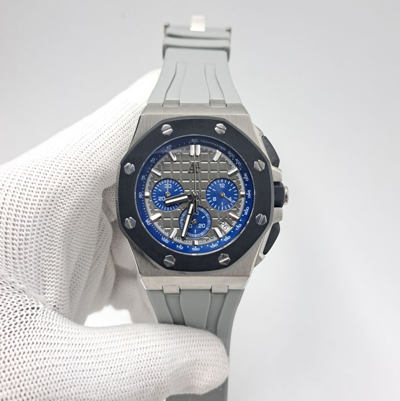 Audemars Piguet Blue Chronograph Silver Grey Dial Grey Rubber Strap Swiss Watch