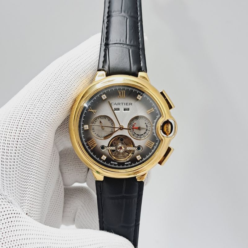 Cartier Ballon Bleu Annual Calendar Gold Black Leather Strap Swiss Automatic Watch