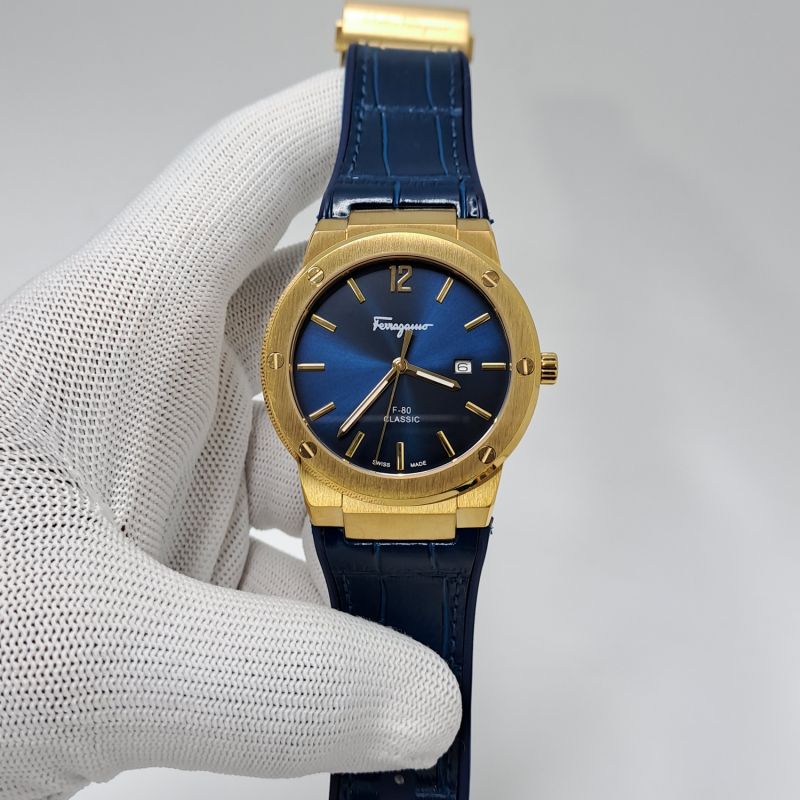 Ferragamo F-80 Classic Gold Blue Dial Blue Leather Swiss Watch