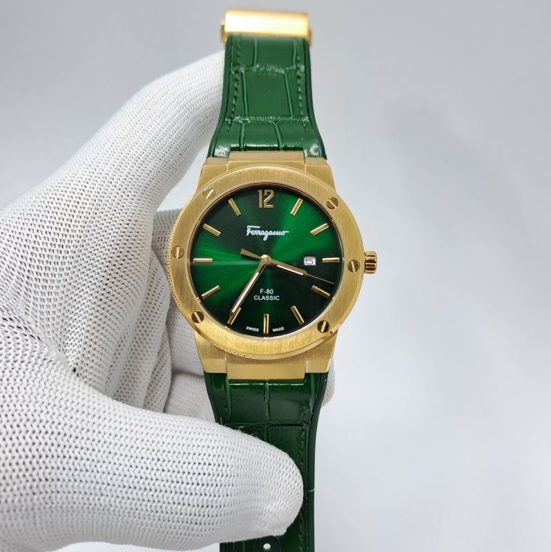 Ferragamo F-80 Classic Gold Green Dial Green Leather Swiss Watch