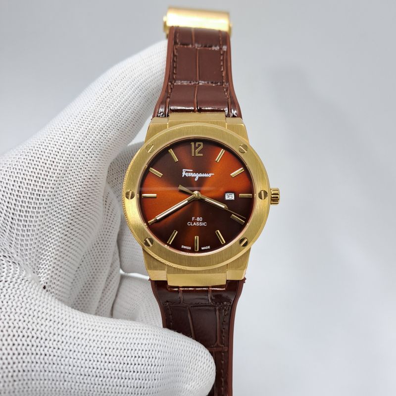 Ferragamo F-80 Classic Rose Gold Brown Dial Brown Leather Swiss Watch