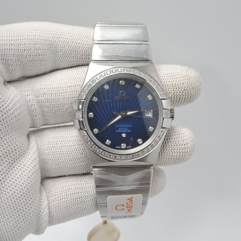 Omega Constellation Co Axial Steel Diamond Bezel Blue Dial Swiss Automatic Watch