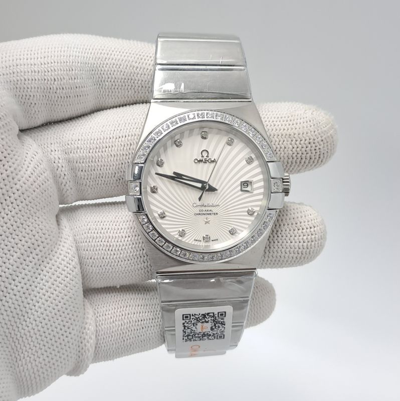 Omega Constellation Co Axial Steel Diamond Bezel White Dial Swiss Automatic Watch