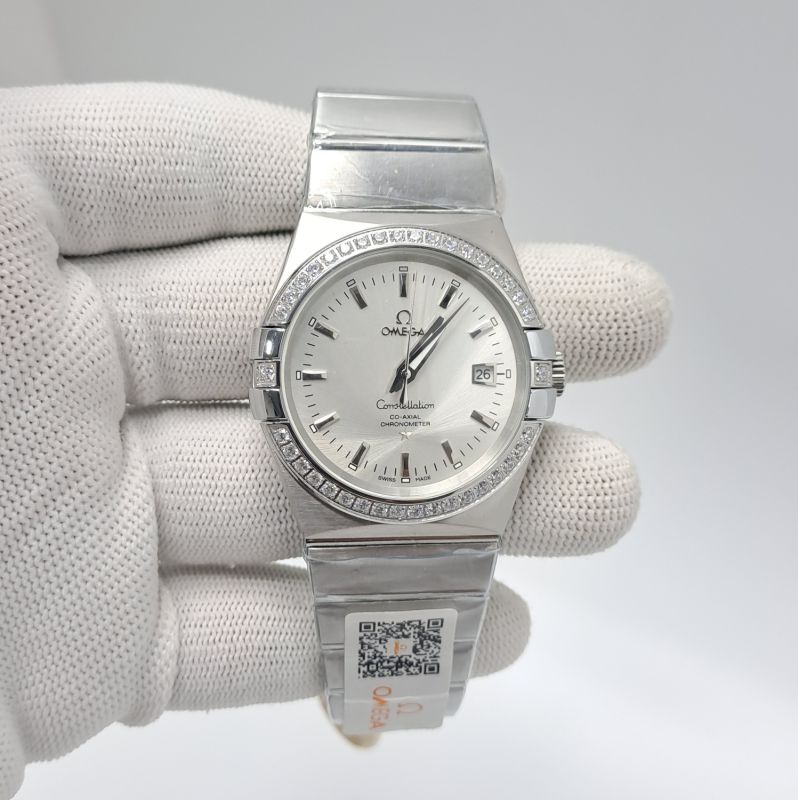 Omega Co Axial Steel Diamond Bezel Silver Dial Swiss Automatic Watch