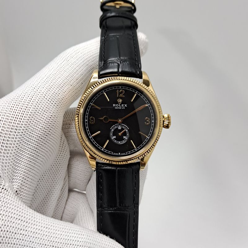 Rolex Perpetual 1908 Gold Black Dial Black Leather Strap Swiss Automatic Watch