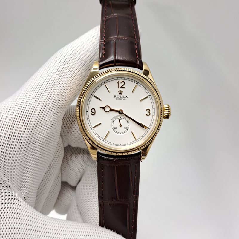 Rolex Perpetual 1908 Gold White Dial Brown Leather Strap Swiss Automatic Watch