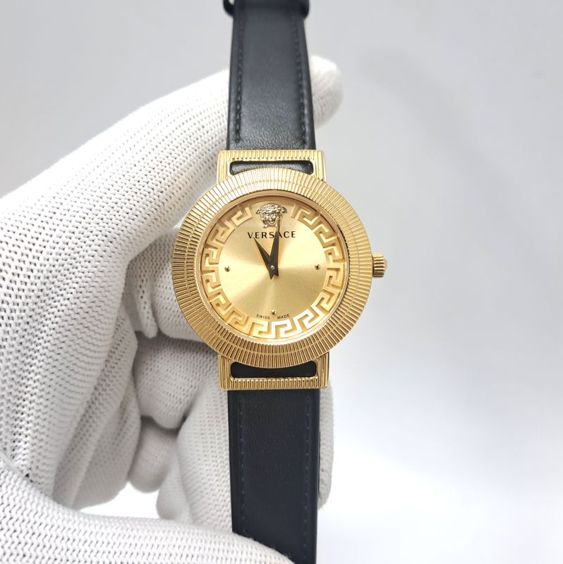 Versace Greca Chic Full Gold Edition Black Leather Strap Swiss Watch