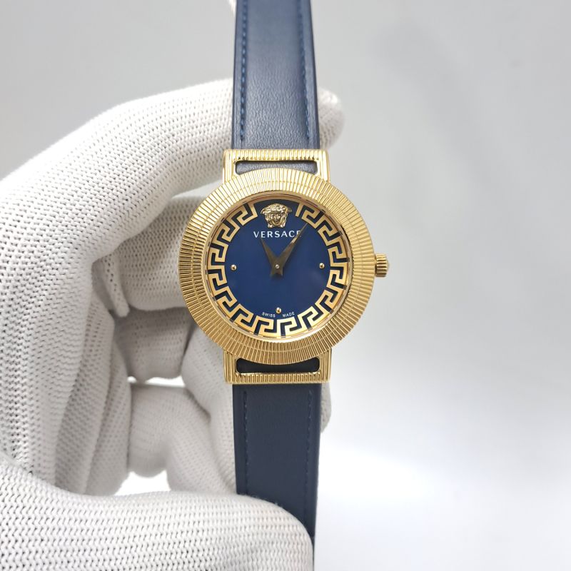 Versace Greca Chic Gold Blue Dial Leather Strap Swiss Watch