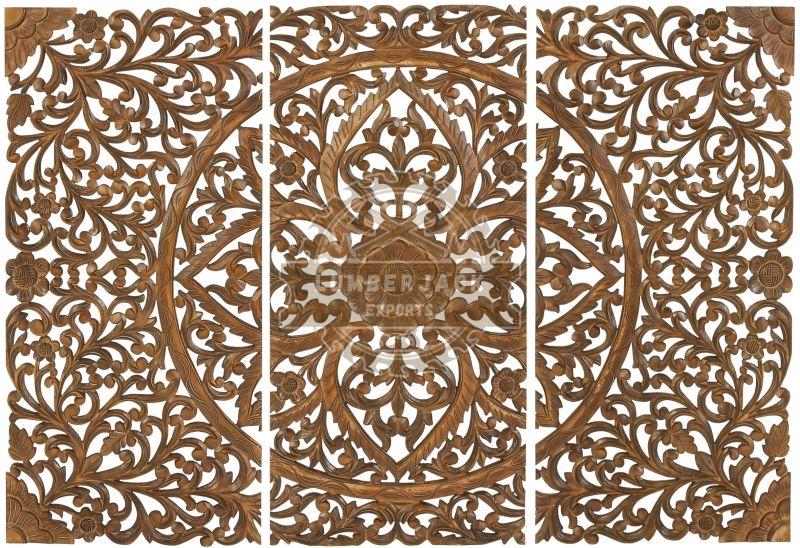 Decorative Sheesham Triple Floral Carved Accent Wall Panel