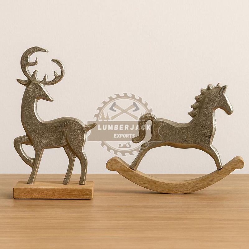 Metallic Deer & Rocking Horse Figurine Duo with Wood Base