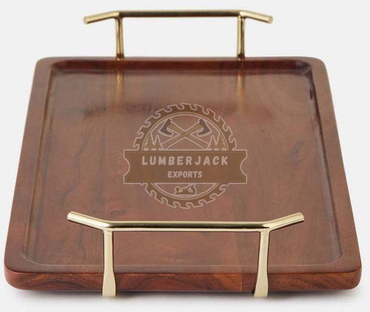 Rectangular Wooden Serving Tray with Golden Handles