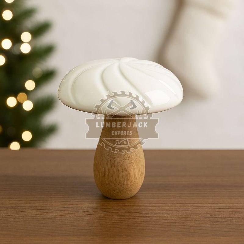 White Swirl Mushroom Sculpture with Natural Wood Stem