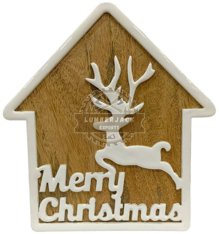 Wooden House Shaped Ornament with Reindeer & Text
