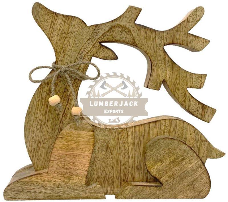 Wooden Seated Reindeer Sculpture with Twine Bow