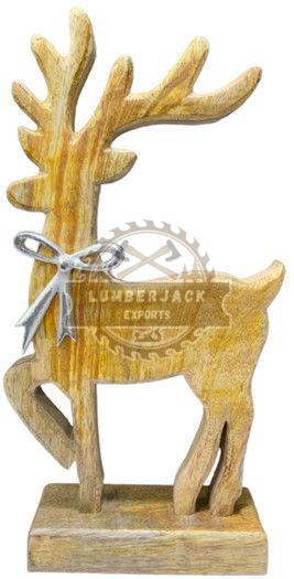 Wooden  Whimsical Reindeer Sculpture with Silver Bow