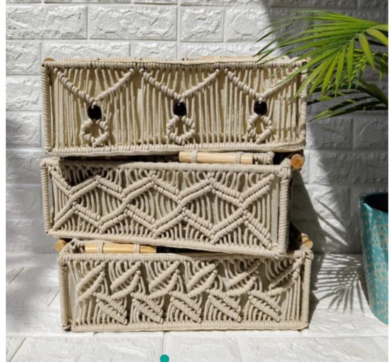 Beige Rectangular Cotton Rope Macrame Basket