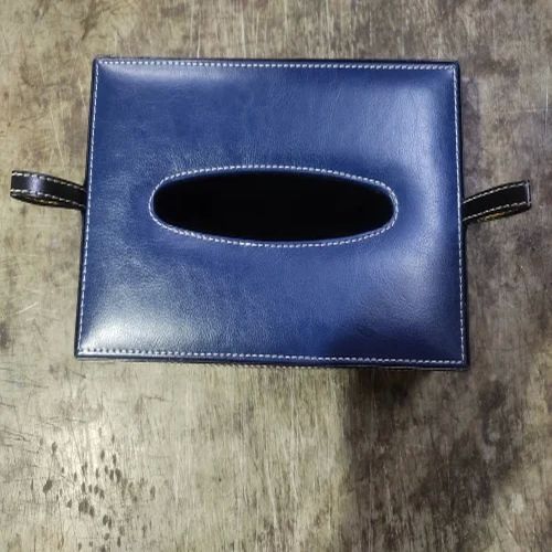 Plain Glossy Blue Leather Tissue Box Standard