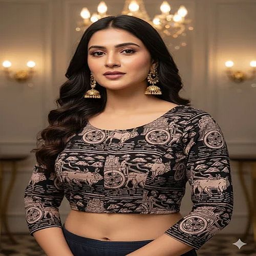 Crow Black Round Neck Cotton Stretchable Kalamkari Blouse