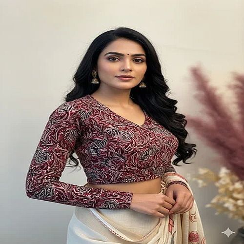 Deep Maroon V Neck Cotton Stretchable Kalamkari Blouse