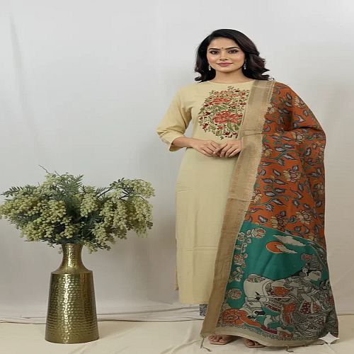 Light Green Embroidered Cotton Kurti Set Casual, Festive