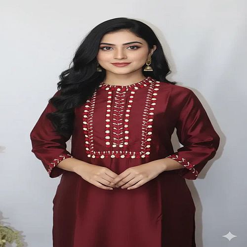 Maroon Cotton Embroidered Kurti Set