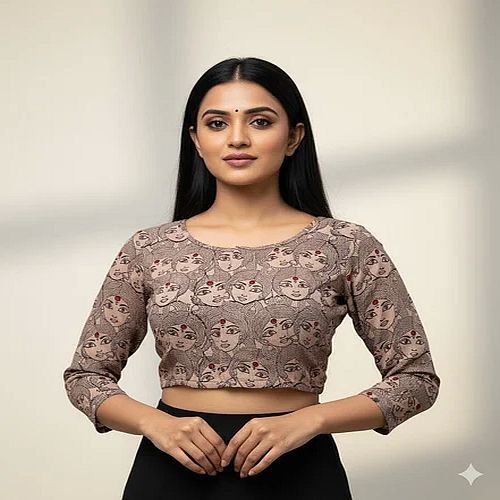 Metallic Gray Round Neck Cotton Stretchable Kalamkari Blouse